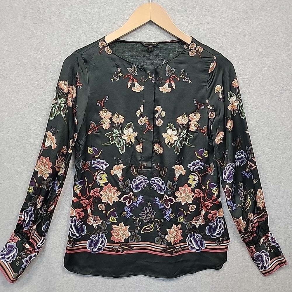 MASSIMO DUTTI Womens Sz 4/36 Floral Satin Tunic Blouse Shirt Long Sleeve EUC